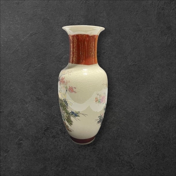 Vintage Japan Satsuma Floral Peacock 10 1/2” Vase Crackle Pattern - Picture 3 of 13